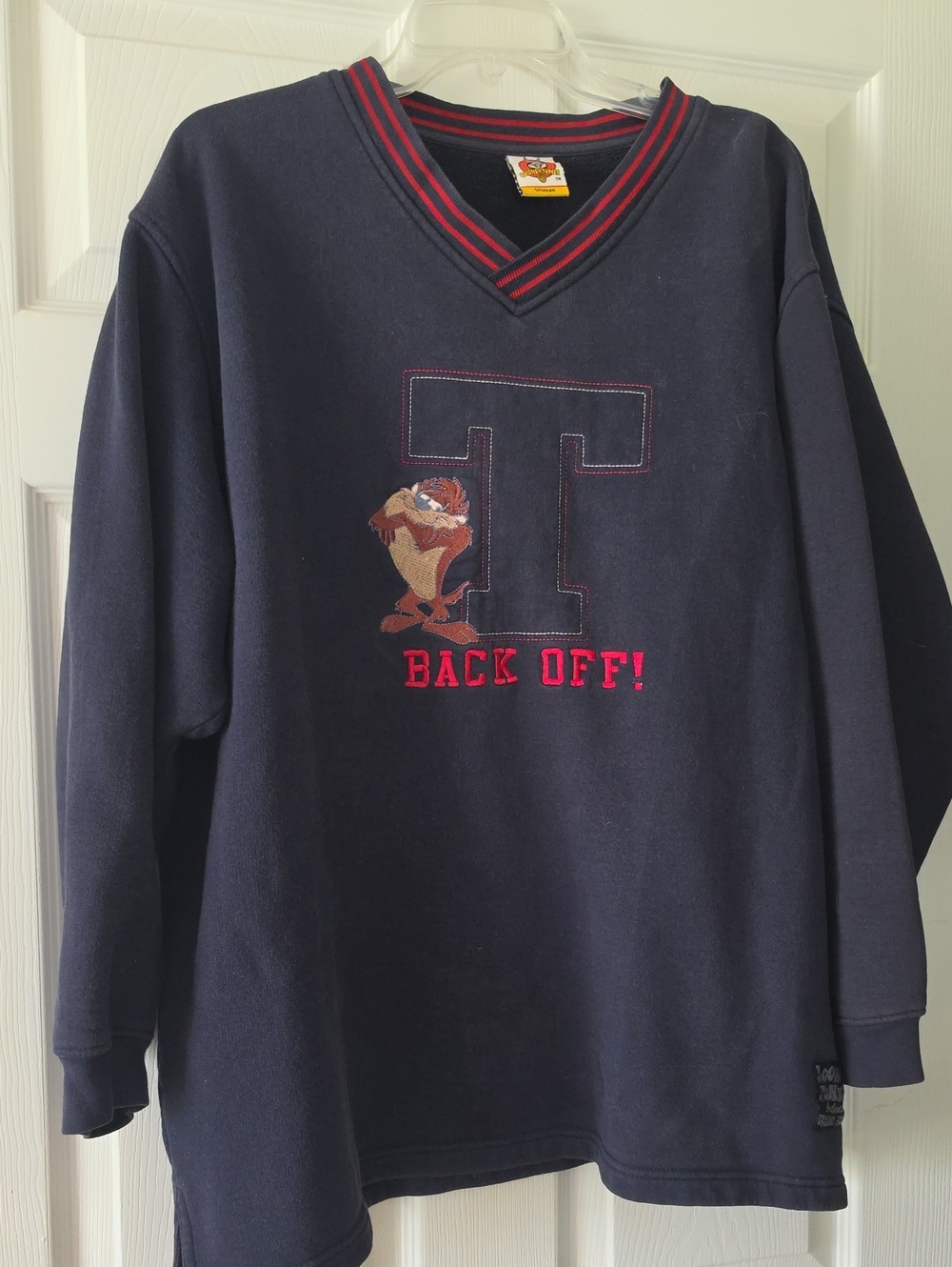Warner Bros. Navy Taz 'Back Off!' V‑Neck Sweatshirt with Red Trim
